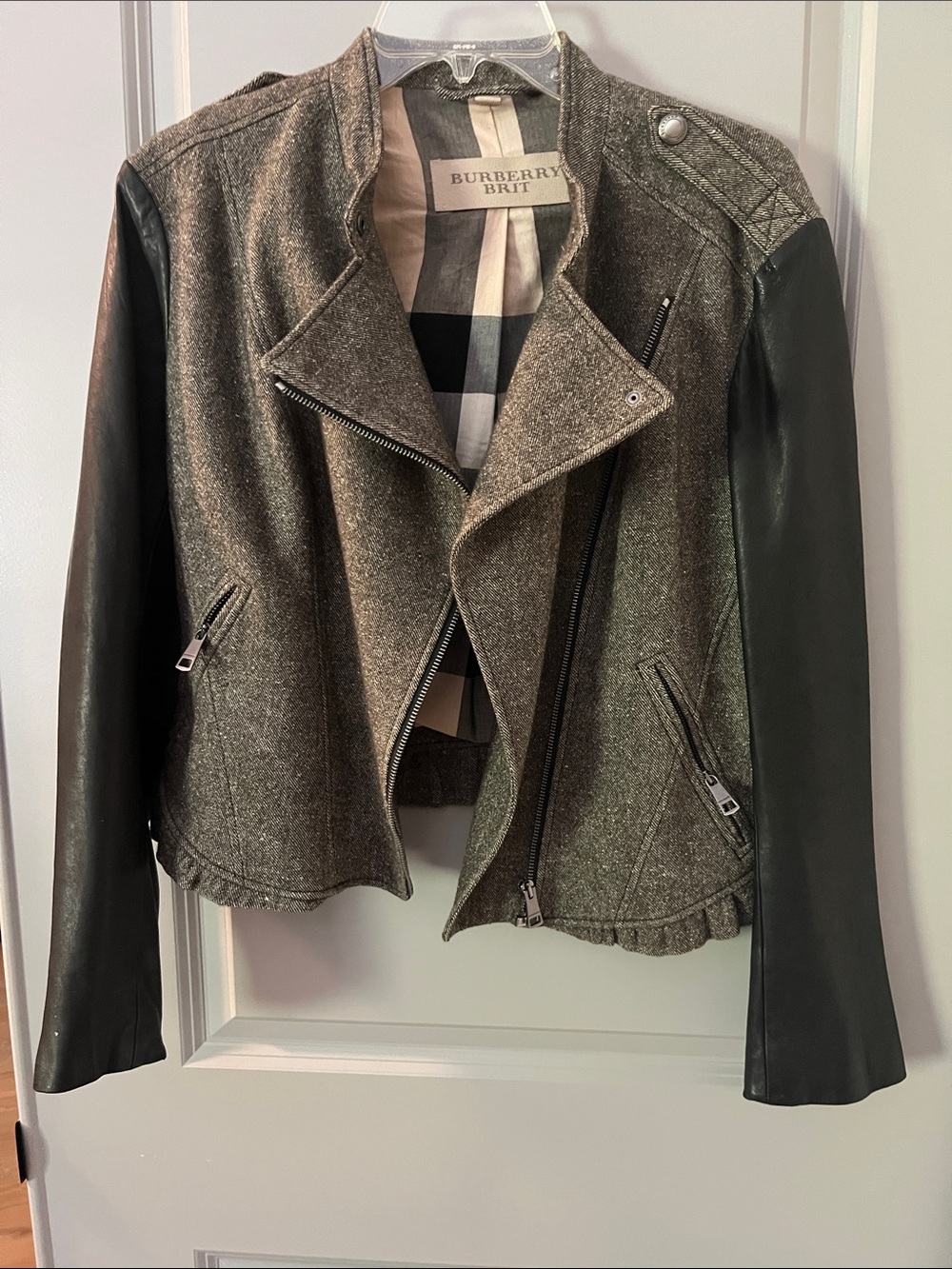 Burberry Gray Wool-Blend Moto Jacket with Black Leather Sleeves